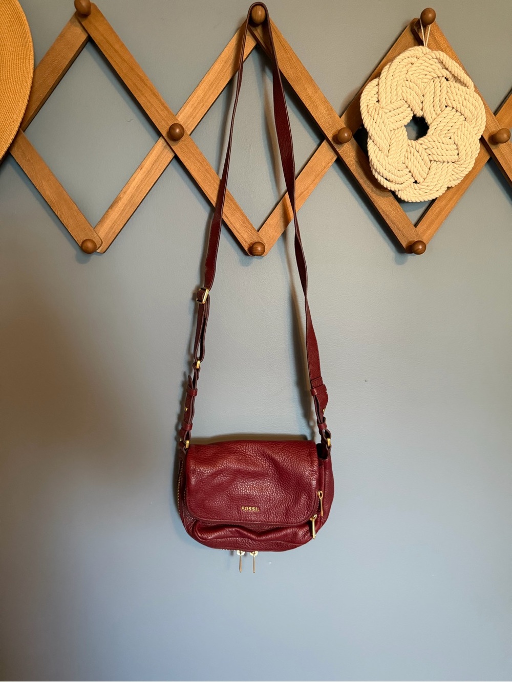Fossil Burgundy Pebble Leather Crossbody with Gold Hardware